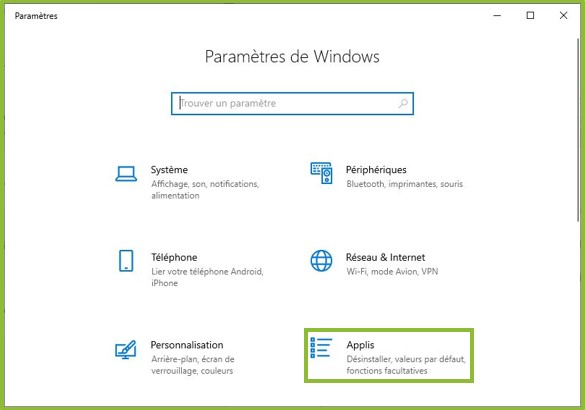 Capture d'écran paramètres de Windows Applis