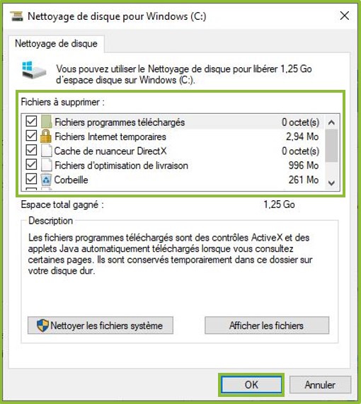 Capture d'écran nettoyage de disque fichiers à supprimer