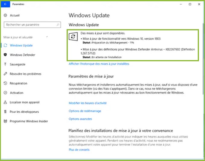 Capture d'écran Windows Update